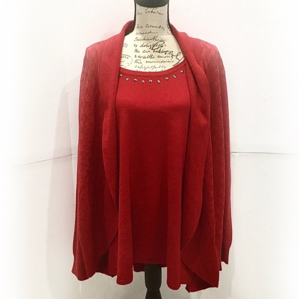 Knit Plus Size Red Rhinestone Cardigan Suit